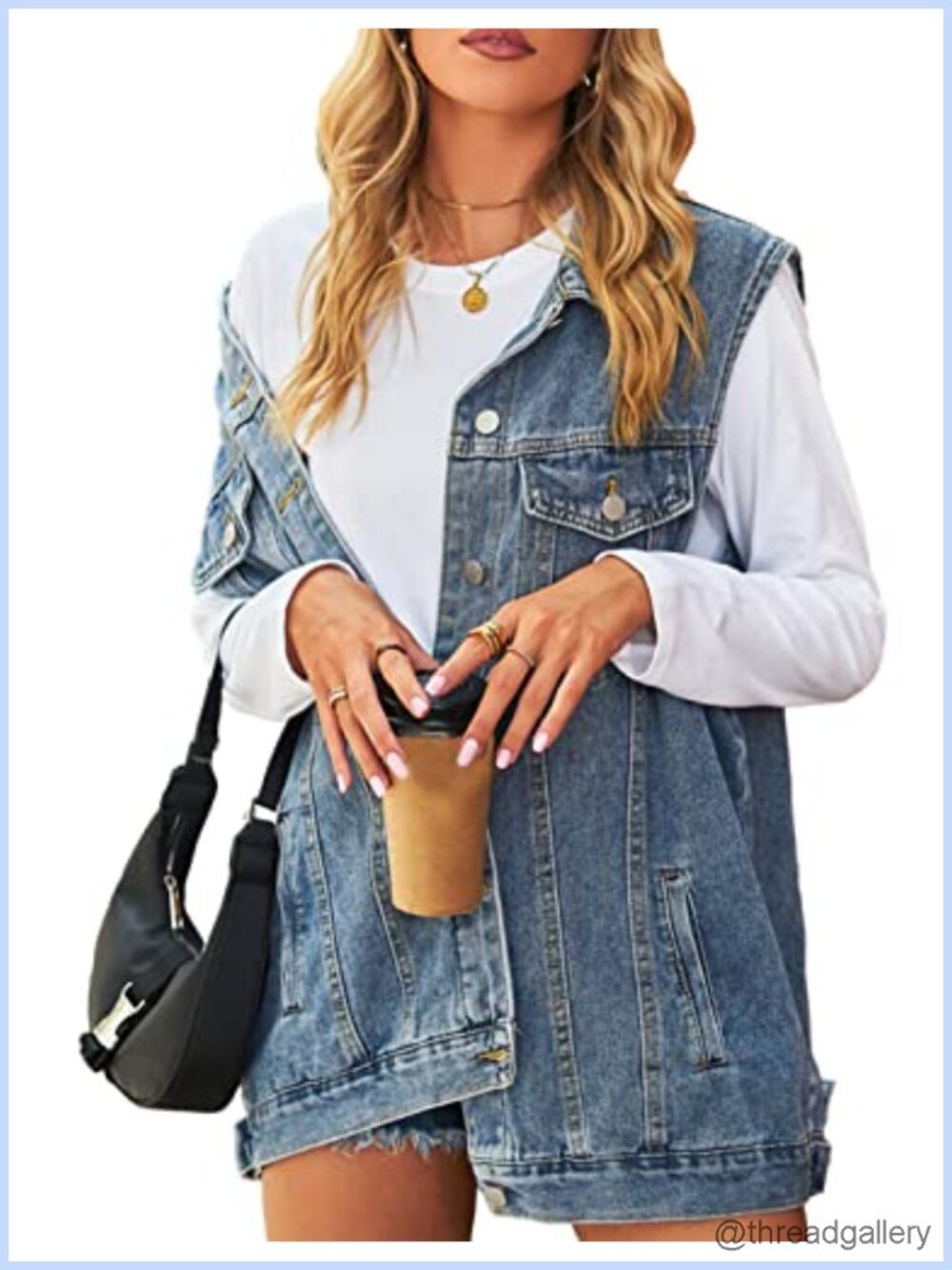 Oversized Mid Long Denim Vest with Button Front and Pockets